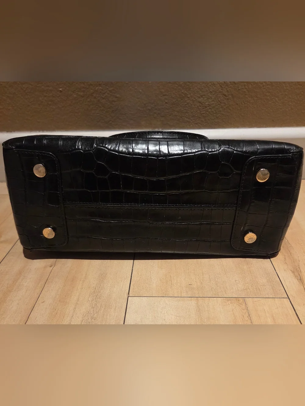 Michael Kors Black Croc-Embossed Leather Satchel with Gold Hardware